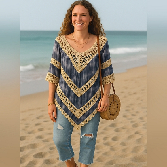Boho Crochet Trim Blue Tie-Dye Medium Cotton Tunic - Picture 1 of 8